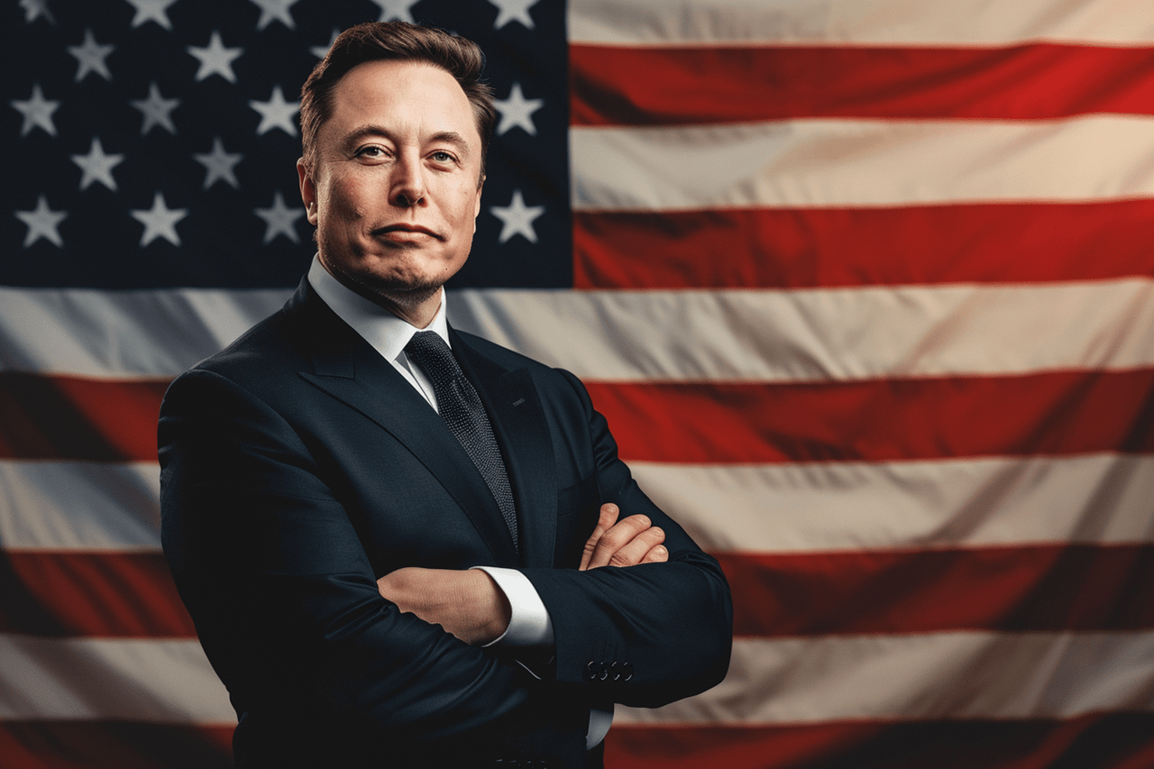 Elon Musk na tle flagi USA