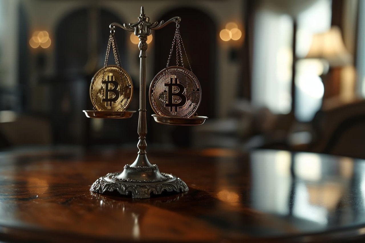 bitcoins on a scale on a table in a luxury interior, orange indigo and gunmetal colors, smooth lighting, 16k, raytracing, FXAA, bokeh, detailed --ar 3:2 --v 6.0