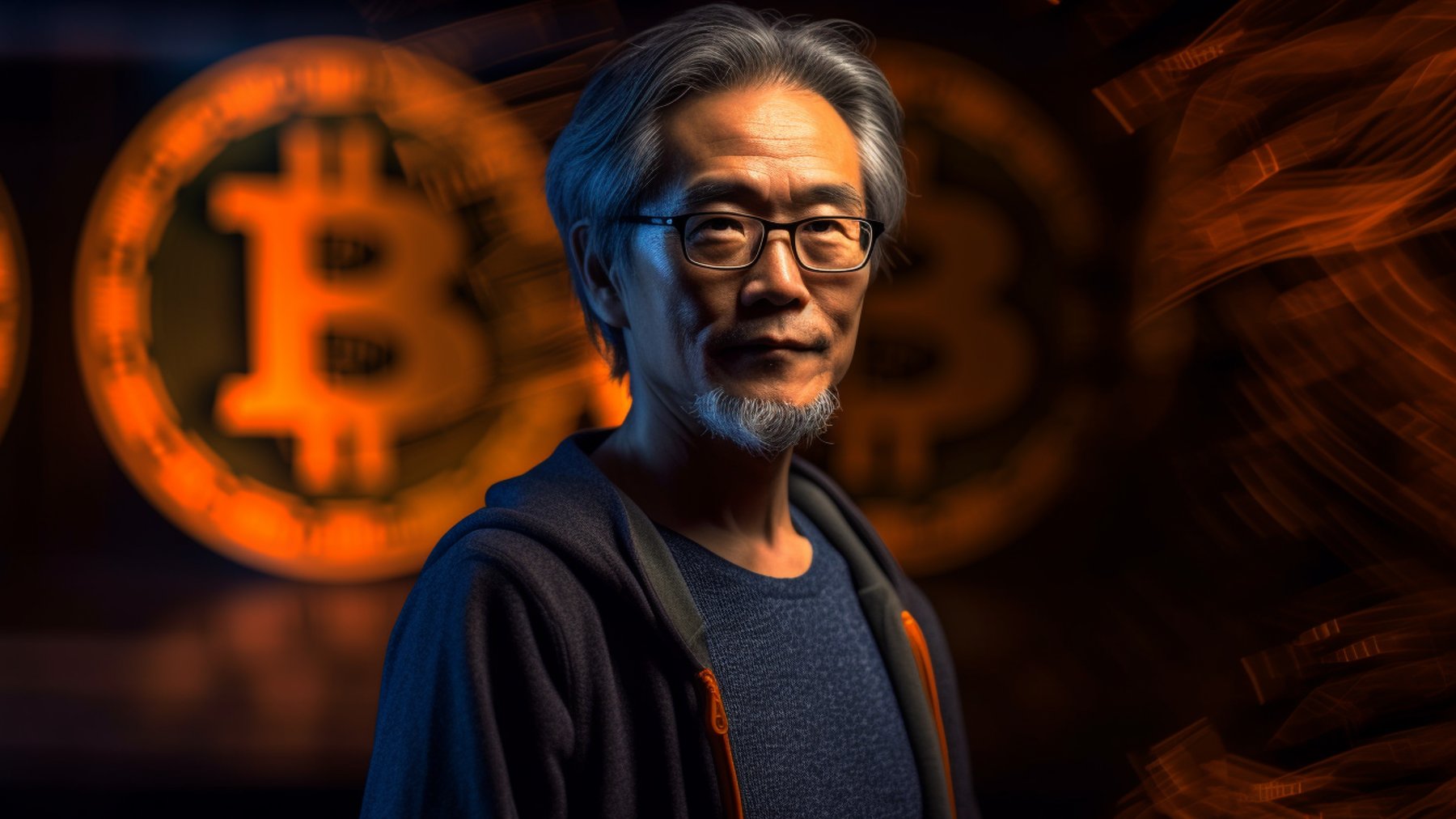 Satoshi Nakamoto na tle Bitcoinów.