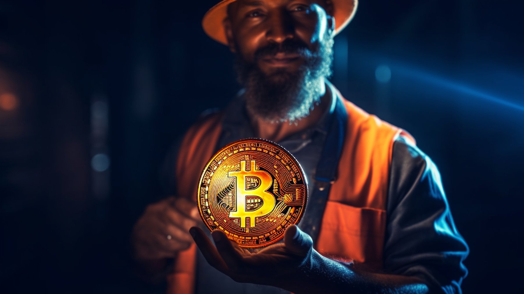 Górnik BTC prezentuje wykopanego Bitcoina.