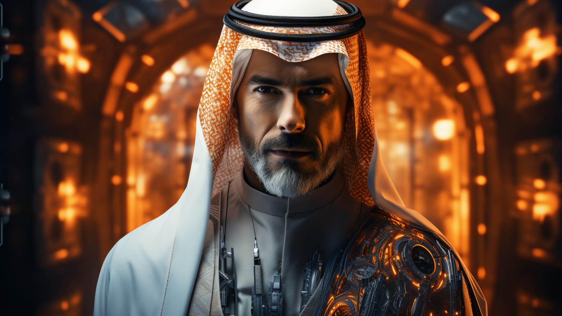 Szejk obserwujący rozwój technologii w Dubaju.