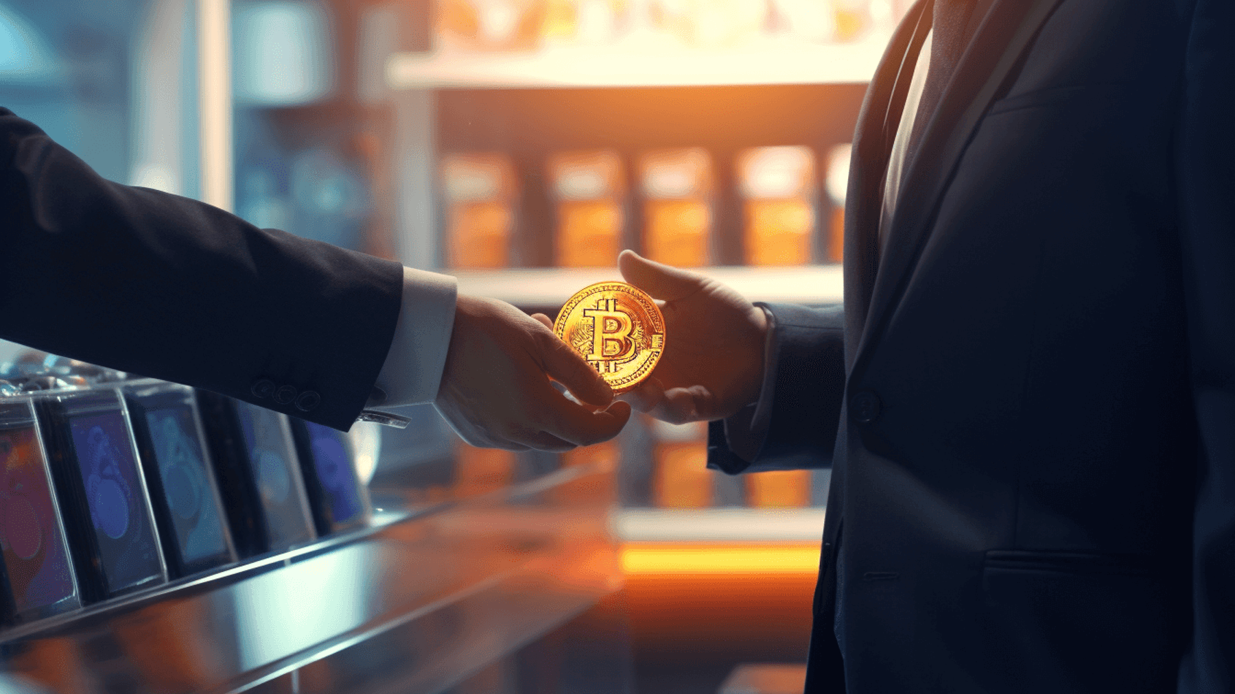 microstrategy bitcoiny, dwóch biznesmenów przekazuje sobie btc