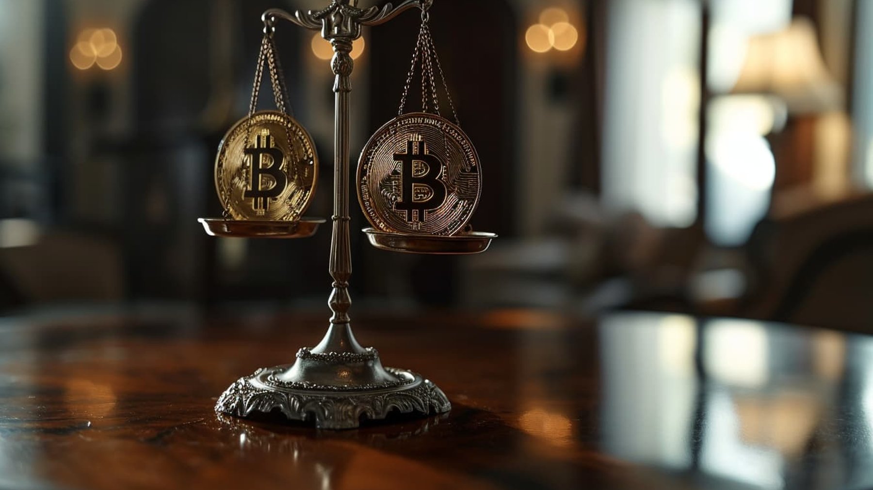 bitcoins on a scale on a table in a luxury interior, orange indigo and gunmetal colors, smooth lighting, 16k, raytracing, FXAA, bokeh, detailed --ar 3:2 --v 6.0