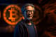 Satoshi Nakamoto na tle Bitcoinów.