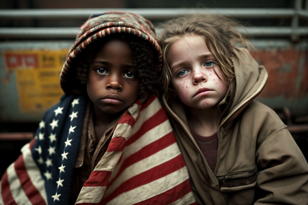 Dzieci z flagą USA jako ofiary tego, co przyniesie recesja