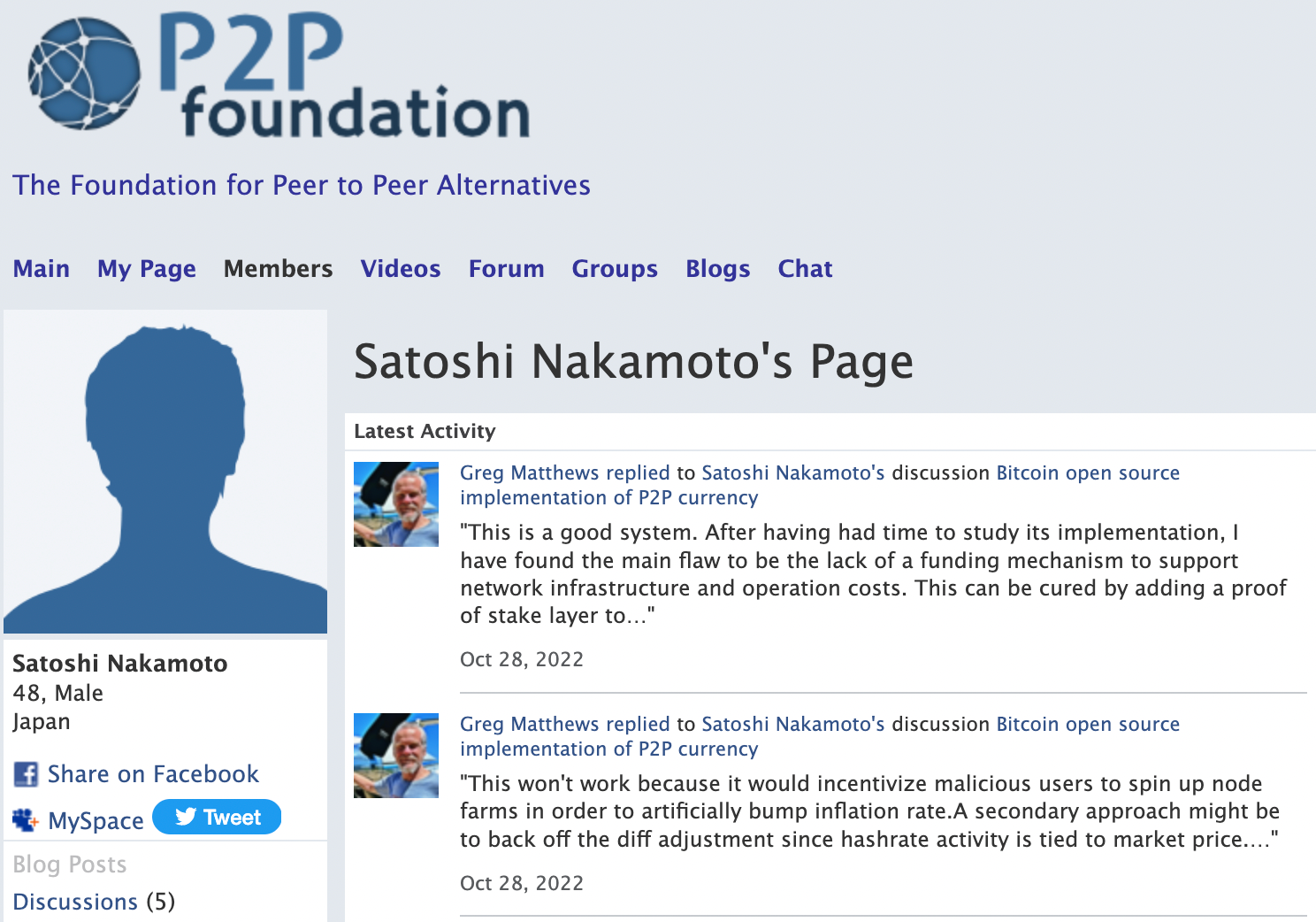 Profil Satoshiho Nakamota na fóre P2P foundation