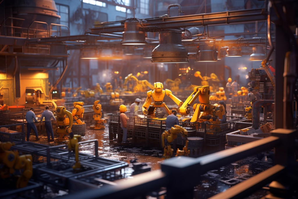Roboty przemysłowe pracujące w fabryce