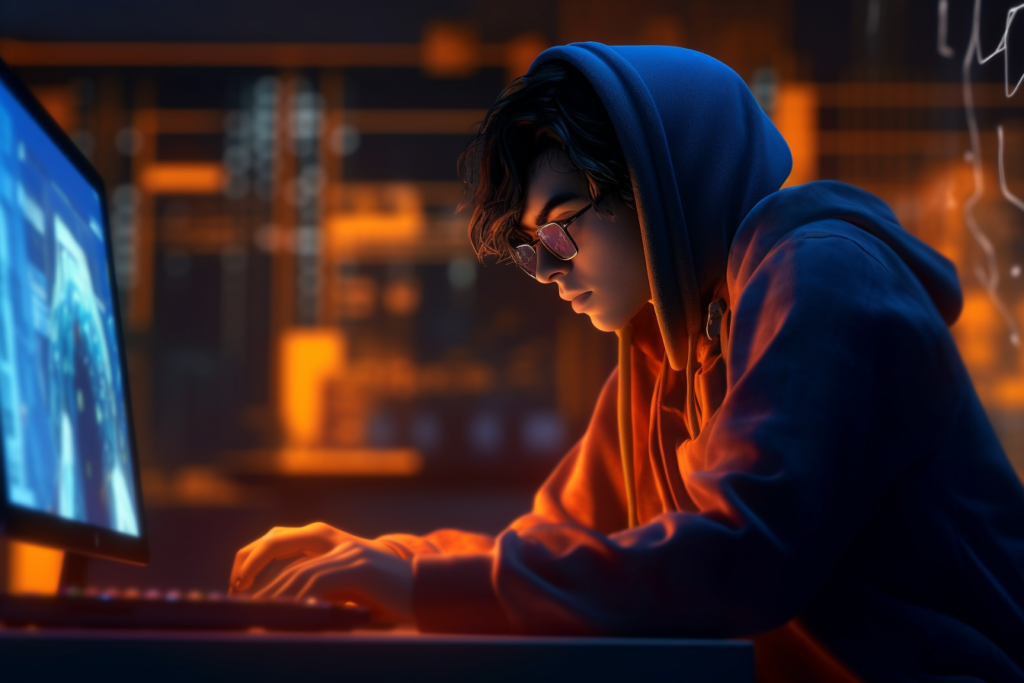 haker pracuje przy komputerze