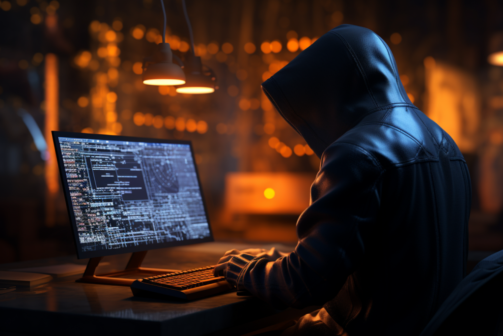 Zakapturzony cyberprzestępca przy komputerze