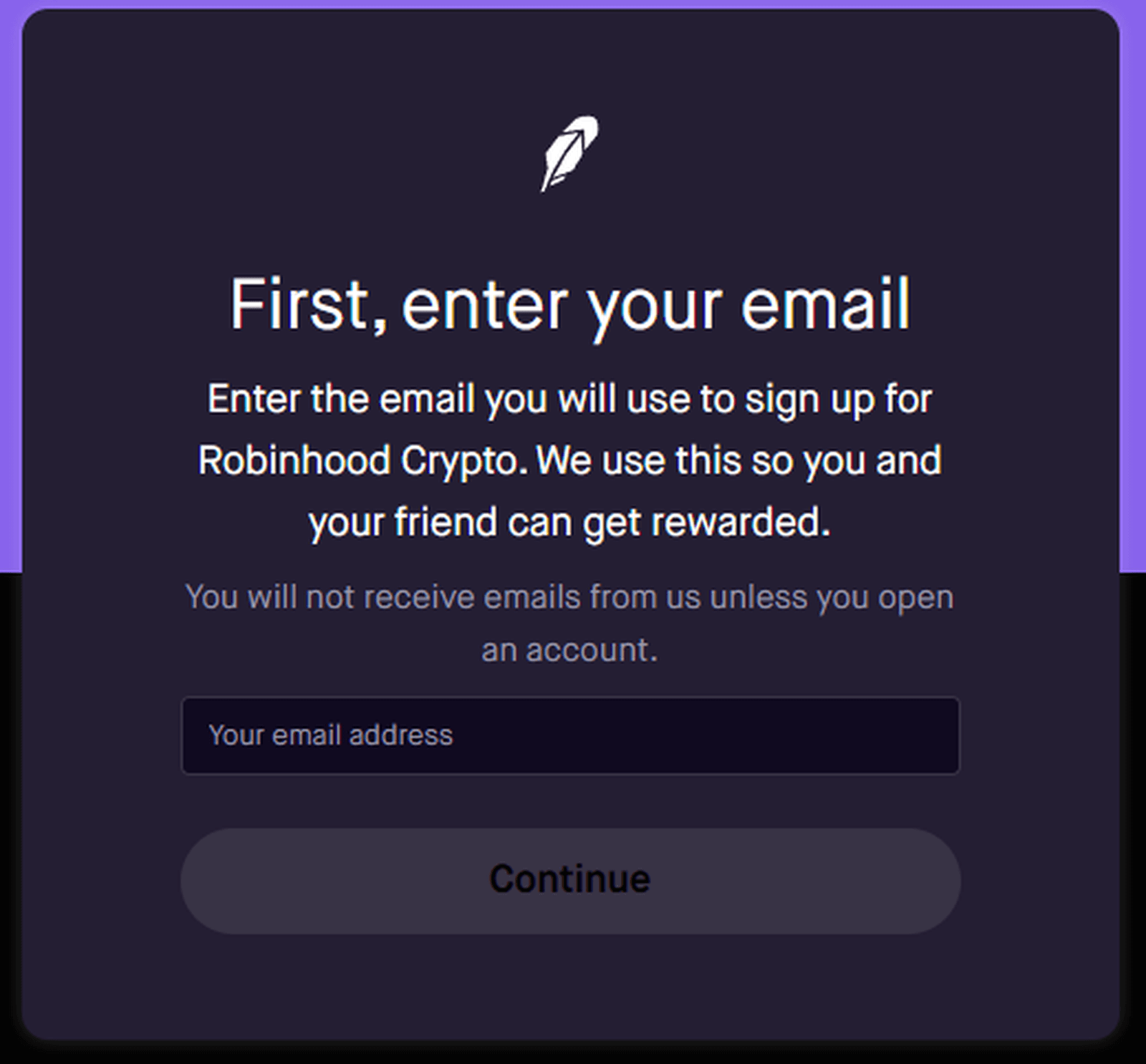 Podaj adres e-mail, aby otrzymać bonus powitalny w BTC od Robinhood Crypto