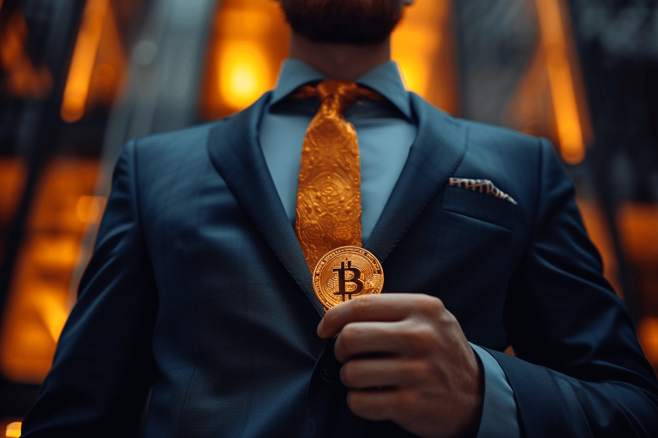 Biznesmen z Wall Street pokazujący, że bitcoin ma wartość. 